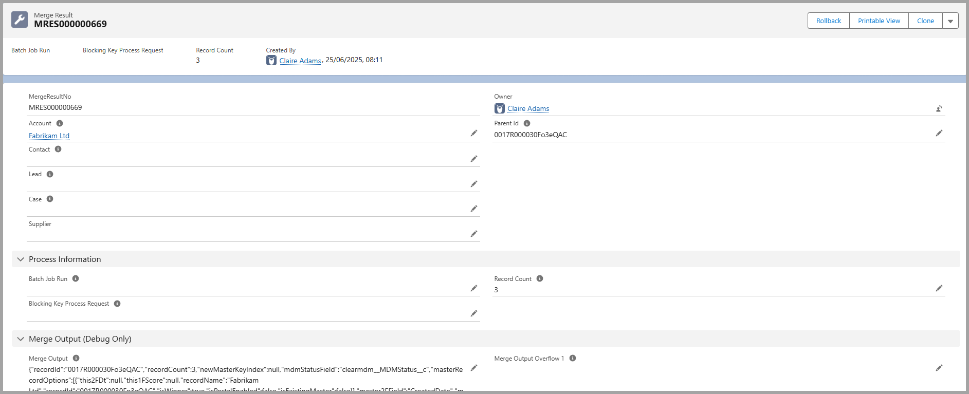 Salesforce Merge Rollback