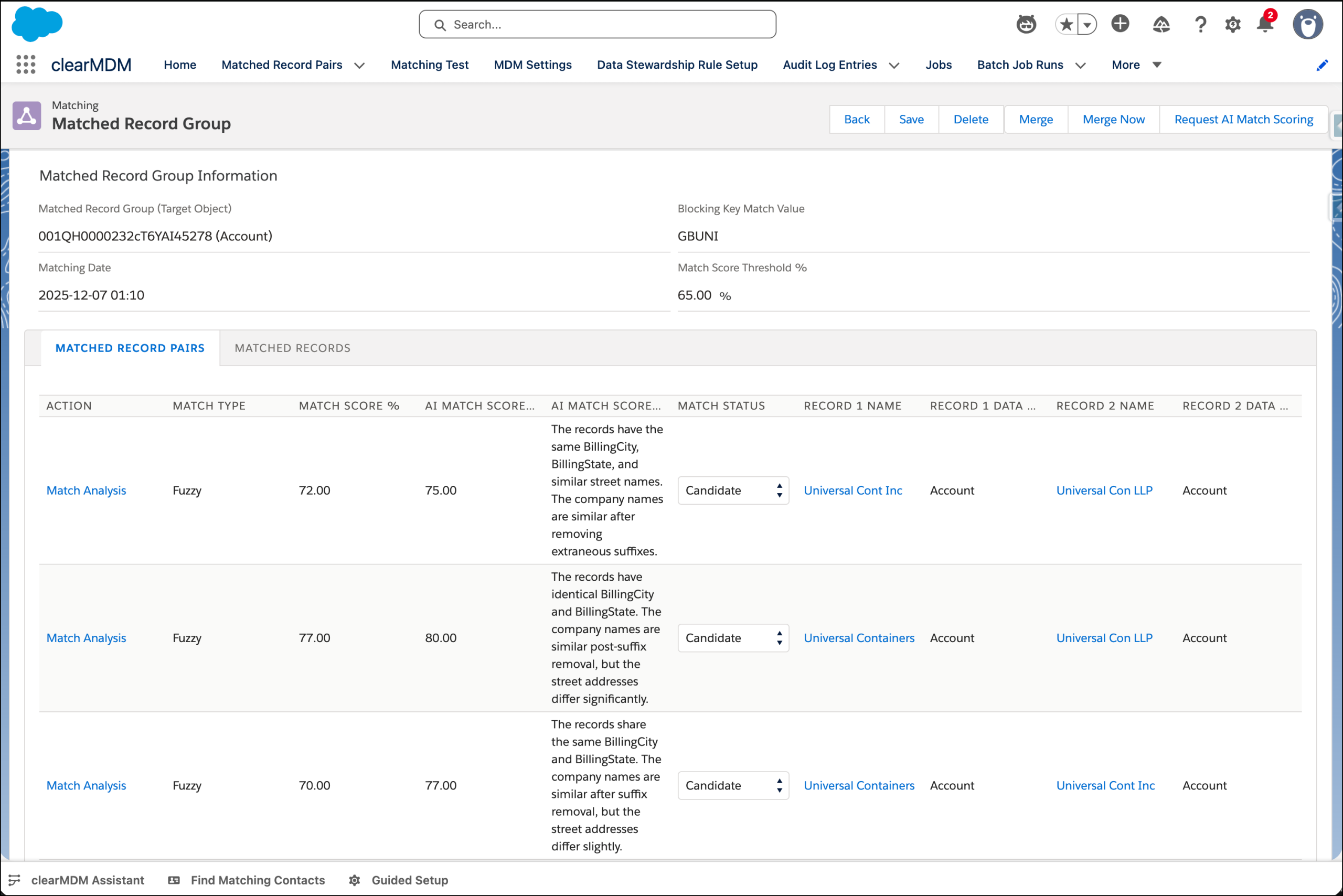 Screenshot showing clearMDM - Data Steward Agent - AI Match Scoring.