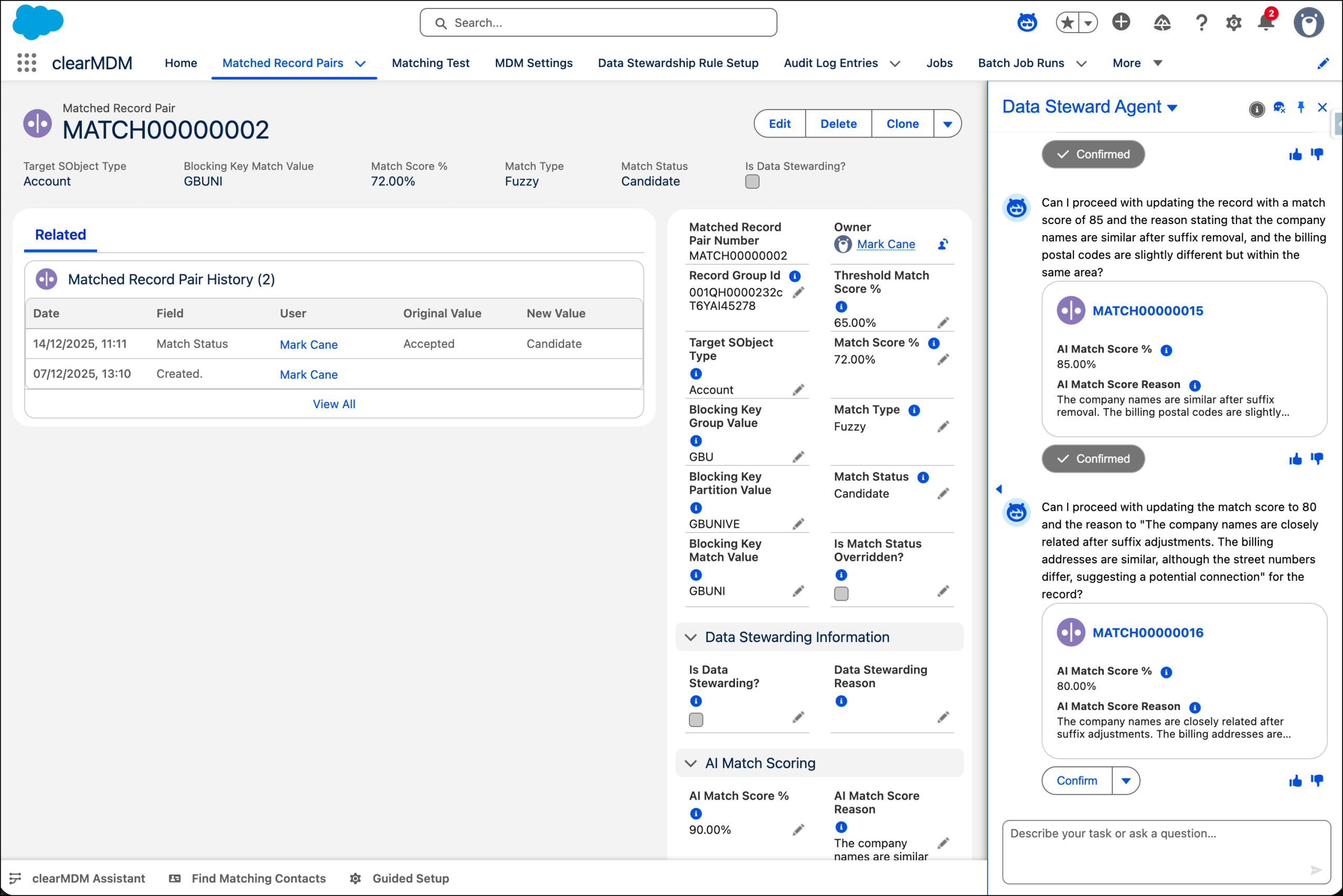 Screenshot showing clearMDM - Data Steward Agent - Assistive AI Match Scoring